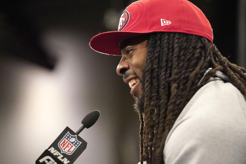 San Francisco 49ers cornerback Richard Sherman speaks to reporters after a practice at the team's NFL football training facility in Santa Clara, Calif., Friday, Jan. 24, 2020. The 49ers will face the Kansas City Chiefs in Super Bowl 54. (AP Photo/Tony Avelar)