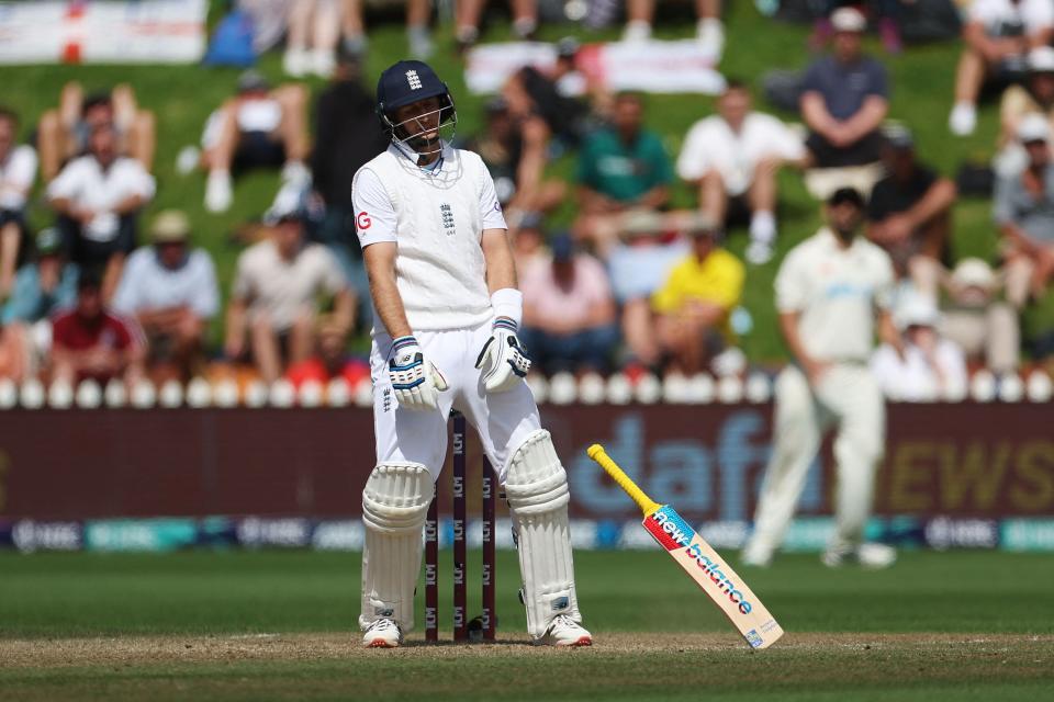 England's Joe Root drops his bat after being caught on 95 runs during day five of the second Test against New Zealand. 