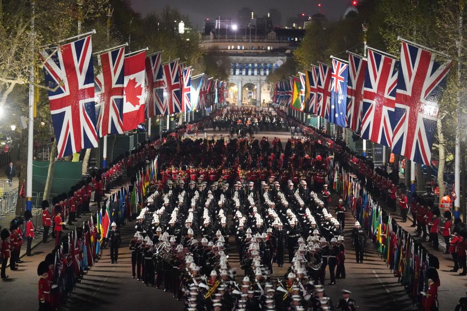 A night time rehearsal in central London for the coronation of King Charles III, which will take place this weekend. Picture date: Wednesday May 3, 2023.