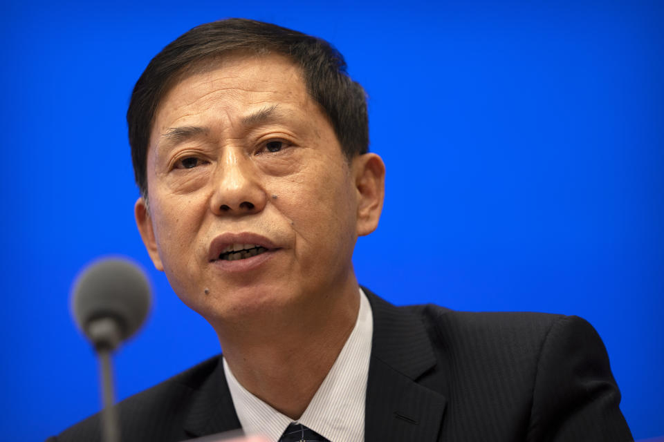 Yuan Zhiming, director of the Wuhan National Biosafety Laboratory of the Wuhan Institute of Virology, speaks at a press conference at the State Council Information Office in Beijing, Thursday, July 22, 2021. China cannot accept the World Health Organization's plan for the second phase of a study into the origins of COVID-19, a senior Chinese health official said Thursday. (AP Photo/Mark Schiefelbein)