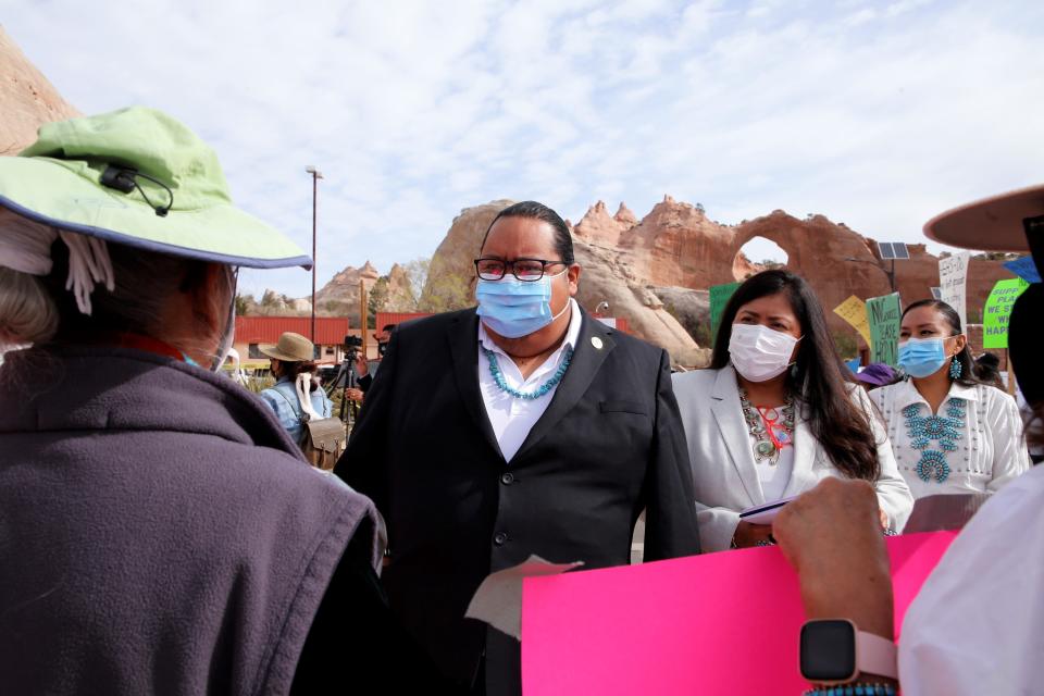 Speaker Seth Damon meets with protestors on April 18 outside the Navajo Nation Council chamber in Window Rock, Arizona.