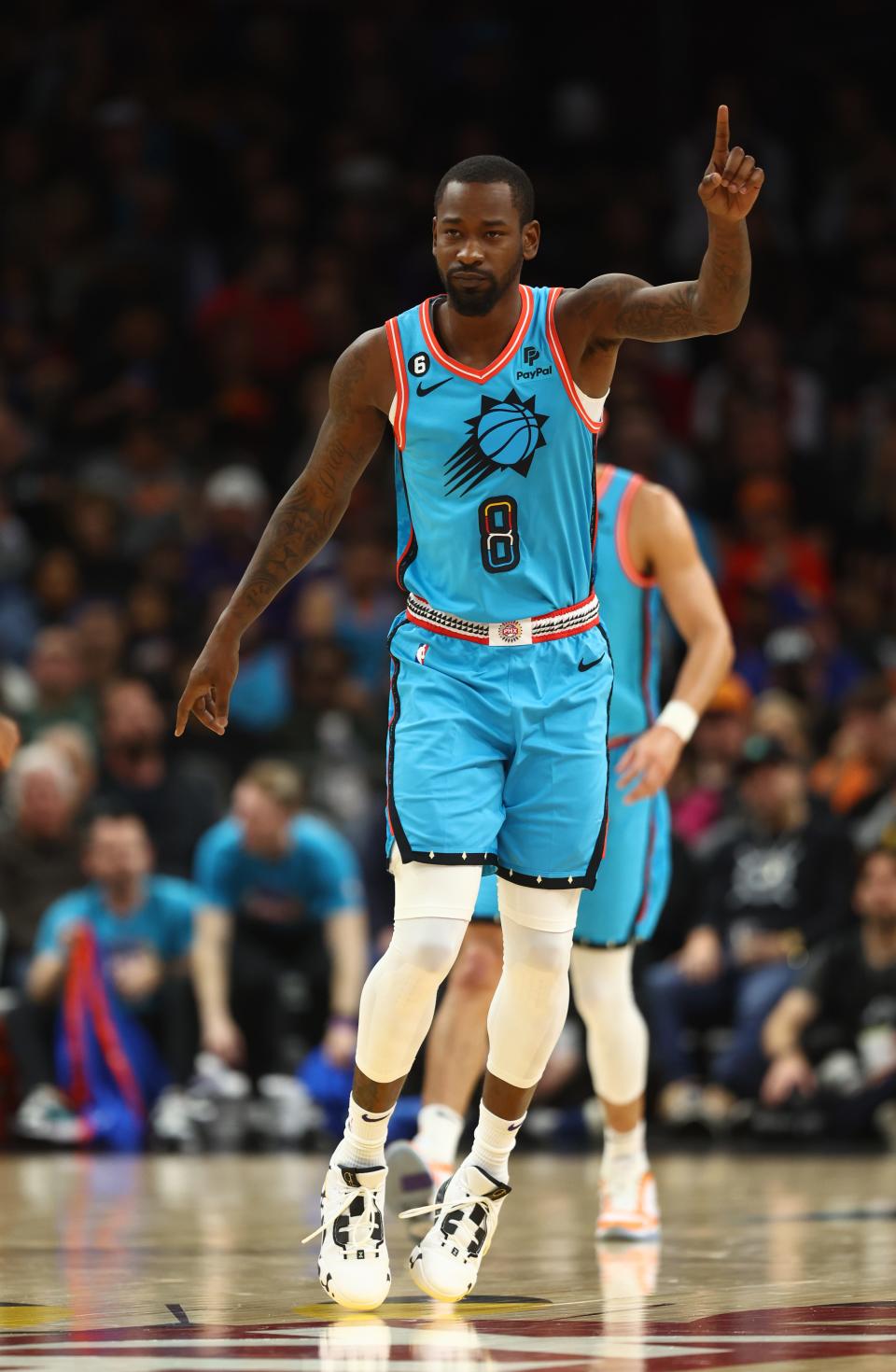 Feb 24, 2023; Phoenix, Arizona, USA; Phoenix Suns guard Terrence Ross (8) reacts against the Oklahoma City Thunder in the first half at Footprint Center. Mandatory Credit: Mark J. Rebilas-USA TODAY Sports