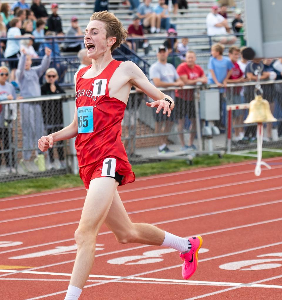 Susquehannock's Matthew O'Brien reacts as he wins the 3A 3200-meter run in 8:59.82, a new meet record, at the PIAA District 3 Track and Field Championships at Shippensburg University Friday, May 19, 2023.