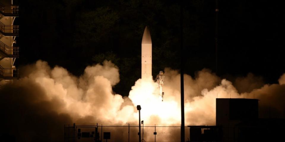 A common hypersonic glide body (C-HGB) launches from Pacific Missile Range Facility, Kauai, Hawaii, at approximately 10:30 p.m. local time, March 19, 2020, during a Department of Defense flight experiment.