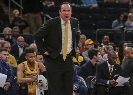 Apr 2, 2019; New York, NY, USA; Wichita State Shockers head coach Gregg Marshall yells out instructions to his team against the Lipscomb Bisons in the first half of the NIT semifinals at Madison Square Garden. Mandatory Credit: Wendell Cruz-USA TODAY Sports