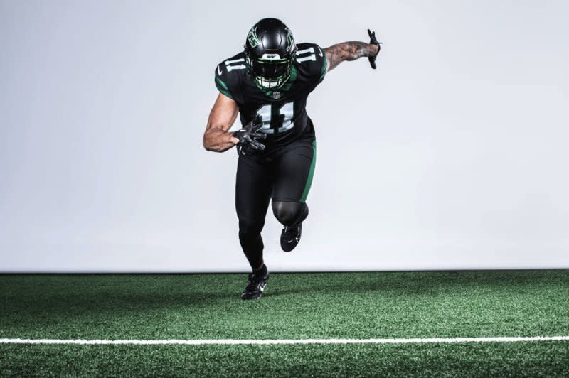 New York Jets linebacker Jermaine Johnson poses for a photo as part of a uniform release.  Photo courtesy of the New York Jets