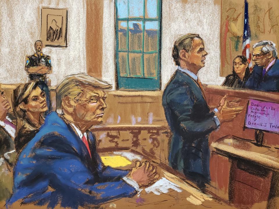 Judge Arthur Engoron listens as lawyer Chris Kise gives closing arguments with former president Donald Trump watching in the Trump Organization civil fraud trial at New York State Supreme Court in the Manhattan borough of New York City, on Jan. 11, 2024 in this courtroom sketch.