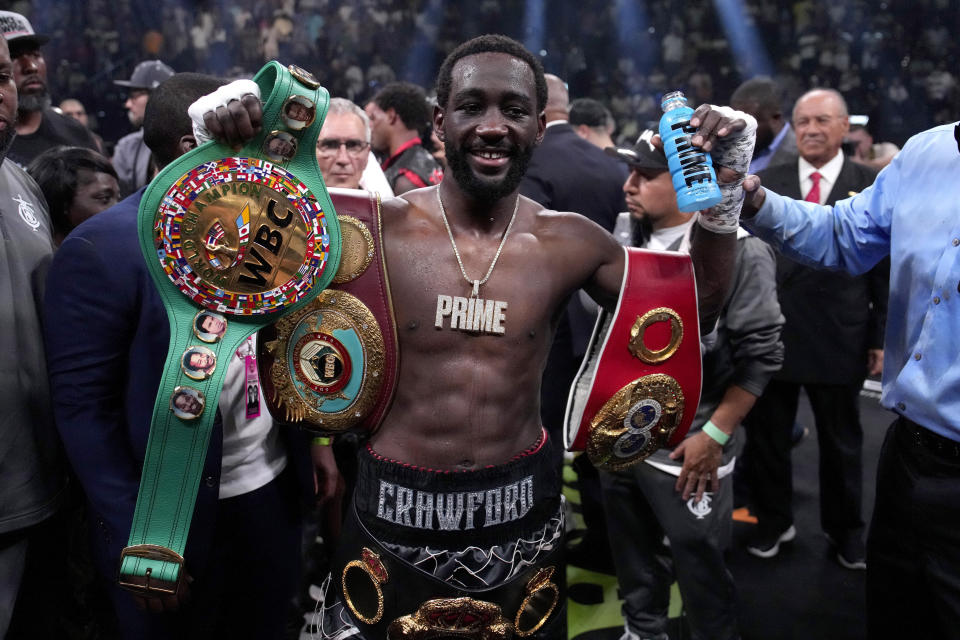 Terence Crawford celebrates his defeat of Errol Spence Jr. after their undisputed welterweight championship boxing match, Saturday, July 29, 2023, in Las Vegas. (AP Photo/John Locher)