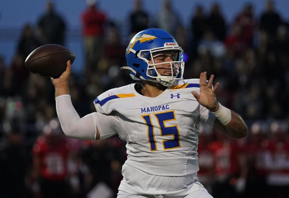 Mahopac quarterback DJ DeMatteo (15) fires a pass during football action against Somers at Somers High School in Lincolndale on Friday, September 22, 2023. Somers won 28-14.