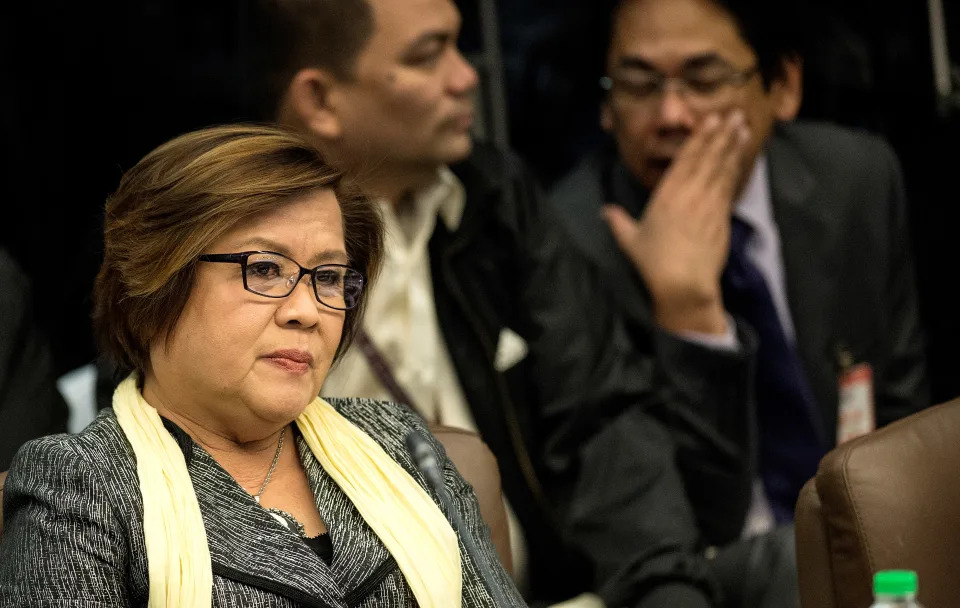 Senator Leila De Lima attends the Senate drug hearing at the Senate building in Manila on November 23, 2016. 
Kerwin Espinosa, son of the late mayor Rolando Espinosa, was arrested in the United Arab Emirates last month and will face drug trafficking charges. / AFP / NOEL CELIS        (Photo credit should read NOEL CELIS/AFP via Getty Images)