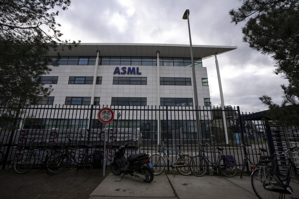 Exterior view of the head office of ASML, a leading maker of semiconductor production equipment, in Veldhoven, Netherlands, Monday, Jan. 30, 2023. ASML says the U.S., Dutch and Japanese officials are close to an agreement to limit China's access to the technology used to make computer chips. (AP Photo/Peter Dejong)