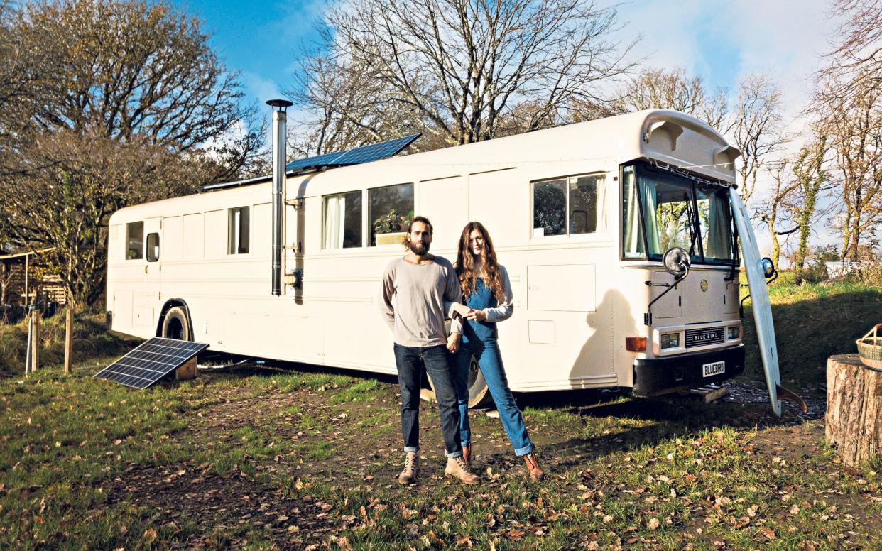 Restful place: Chloe Massey and Talib Saleh made their first small home on their travels. They now live in a converted American school bus  - Indigo & Olive 