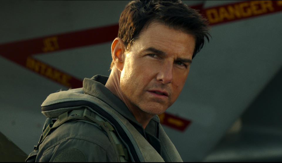 This image released by Paramount Pictures shows Tom Cruise as Capt. Pete "Maverick" Mitchell in "Top Gun: Maverick." The widow and son of the man who wrote the 1983 article that inspired the original “Top Gun” are suing Paramount Pictures over its sequel, “Top Gun: Maverick.” (Paramount Pictures via AP)