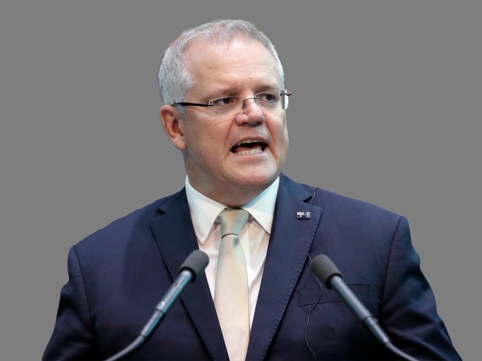 Scott Morrison headshot, as Australia Prime Minister, graphic element on gray 