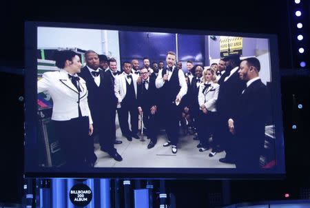 Justin Timberlake accepts the award for the Billboard Top 200 Album via satellite for "The 20/20 Experience" at the 2014 Billboard Music Awards in Las Vegas, Nevada May 18, 2014. REUTERS/Steve Marcus