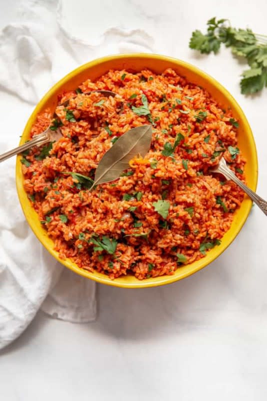 <p>Grandbaby Cakes</p><p>Jollof Rice Recipe is a true West African classic and here is my take on it! Fragrant rice is steeped in rich ingredients like meat stock, garlic, onions, tomatoes and spicy chilies adding an incredible depth of flavor.</p><p><strong>Get the recipe: <a href="https://grandbaby-cakes.com/jollof-rice-recipe/" rel="nofollow noopener" target="_blank" data-ylk="slk:Jollof Rice Recipe;elm:context_link;itc:0;sec:content-canvas" class="link rapid-noclick-resp">Jollof Rice Recipe</a></strong></p>