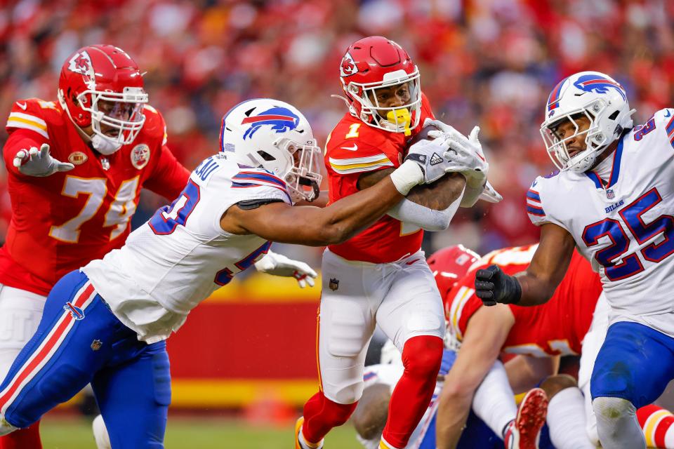 KANSAS CITY, MISSOURI - DECEMBER 10: Jerick McKinnon #1 of the Kansas City Chiefs carries the ball during the first half of the game against the Buffalo Bills at GEHA Field at Arrowhead Stadium on December 10, 2023 in Kansas City, Missouri. (Photo by David Eulitt/Getty Images)