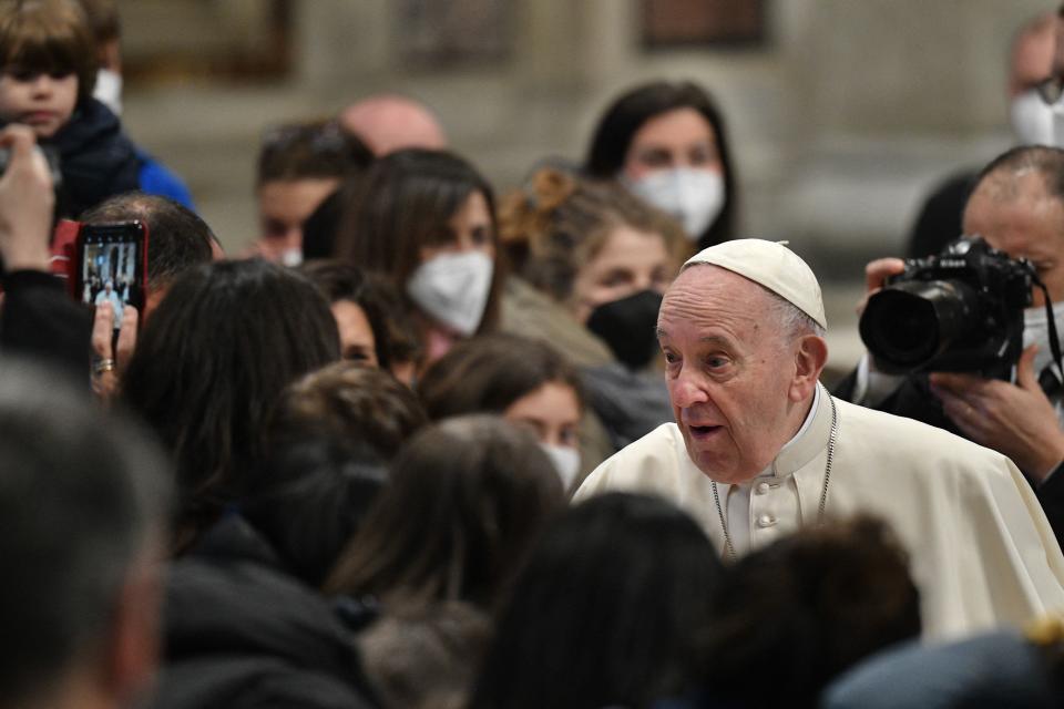 Pope Francis meets with youth during an audience on March 16, 2022 for the 50th anniversary of Milan's school "La Zolla", at St. Peter's basilica in The Vatican. (Photo by TIZIANA FABI/AFP via Getty Images)