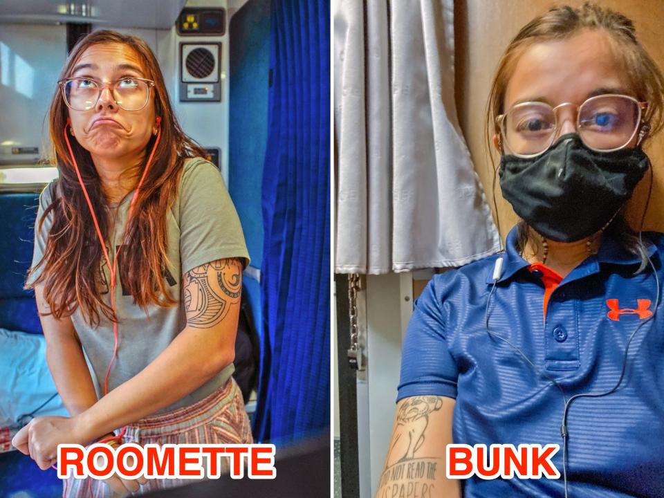Side-by-side of personal space in Amtrak roomette (L) and Nightjet bunk (R), Joey Hadden, "Amtrak roomette and Nightjet shared bunk compared: photos"