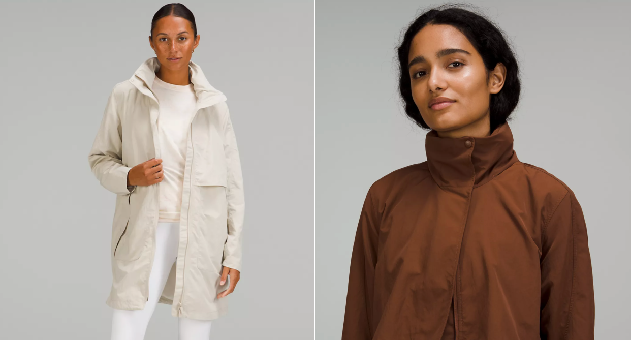 two lululemon models wearing white and brown fall jackets, Lululemon shoppers say the brand's Always Effortless Long Jacket is the 