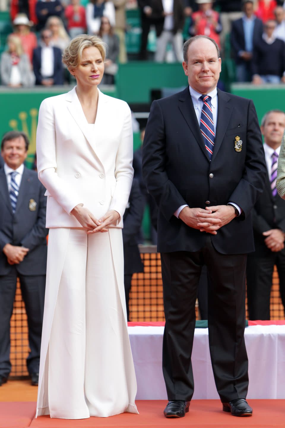 <p>A master of the crisp white ensemble, Charlene wore a white suit set with slit-side pants to the trophy ceremony of the the Monte-Carlo ATP Masters Series tennis tournament. </p>