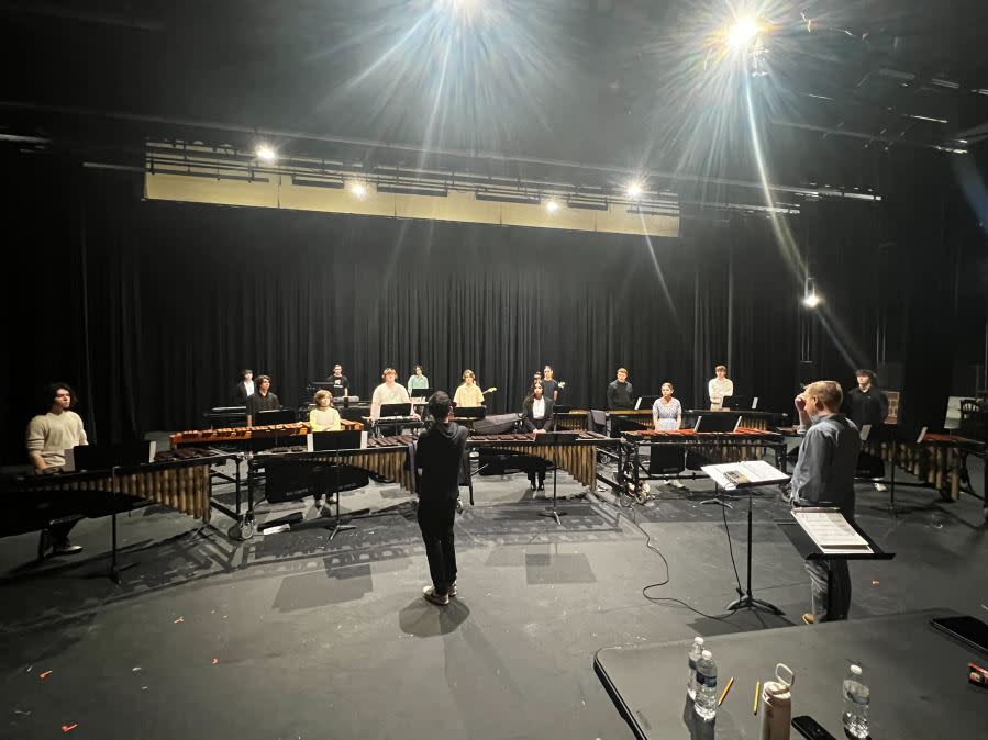 Dripping Springs percussion ensemble rehearses with composer and UT professor Ivan Trevino. (Viewer-submitted photo)