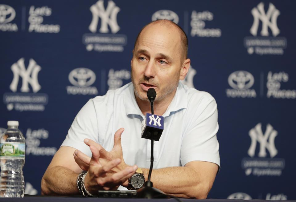 New York Yankees General Manager Brian Cashman speaks during a news conference before a baseball game against the Baltimore Orioles Tuesday, July 31, 2018, in New York. (AP Photo/Frank Franklin II)