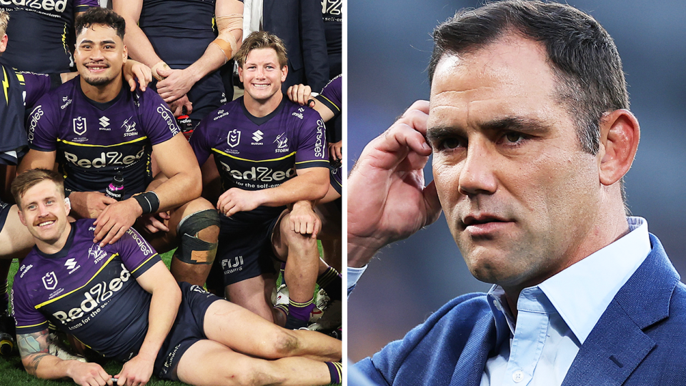 Harry Grant and Cameron Munster smile and Cameron Smith reacts.