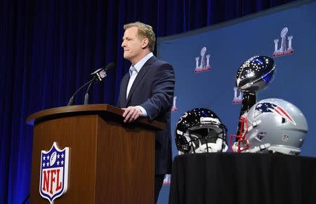 Feb 1, 2017; Houston, TX, USA; NFL commissioner Roger Goodell speaks during a press conference in preparation for Super Bowl LI at the George R. Brown Convention Center. Mandatory Credit: Matthew Emmons-USA TODAY Sports