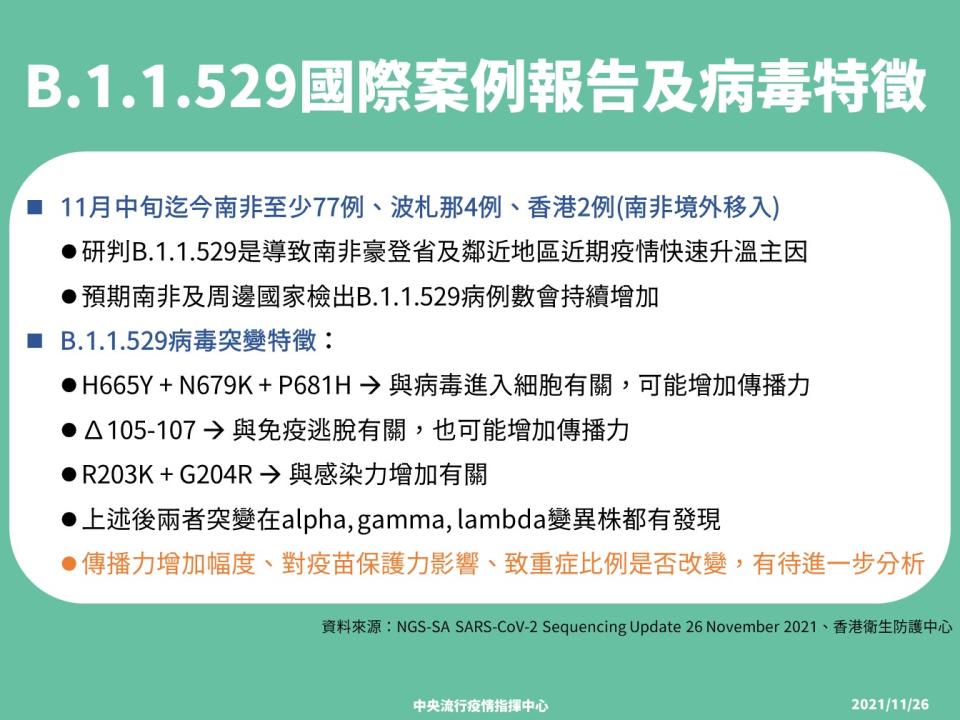 南非新變異株國際案例報告及病毒特徵。（圖／指揮中心提供）