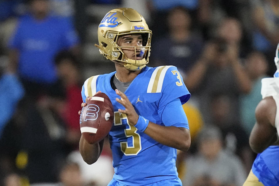 UCLA quarterback Dante Moore gets set to pass during the second half of an NCAA college football game against Coastal Carolina Saturday, Sept. 2, 2023, in Pasadena, Calif. (AP Photo/Mark J. Terrill)