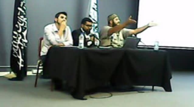 Hizb ut-Tahrir rally speakers (L-R) Wassim Dourehi, Hamzah Qureshi and Bilal Merhi