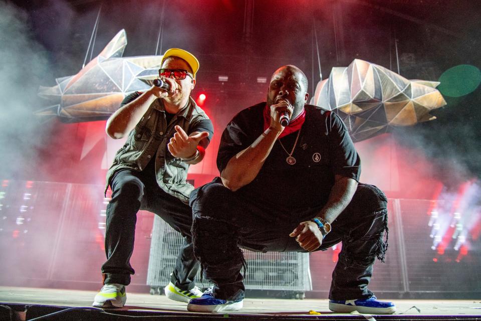 El-P, left, and Killer Mike of Run The Jewels perform at the Coachella Music & Arts Festival at the Empire Polo Club on Friday, April 22, 2022, in Indio, Calif. The hip-hop duo opened for Rage Against The Machine at Alpine Valley Music Theatre Saturday. Press photography was not permitted.