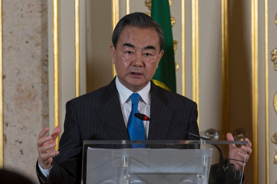 LISBON, PORTUGAL - MAY 18:  State Councilor and Minister of Foreign Affairs of the People's Republic of China, Wang Yi delivers remarks during the joint press conference with Portuguese Foreign Minister Augusto Santos Silva at the end of their meeting at Necessidades Palace to assess the Global Strategic Partnership between Portugal and China and to discuss the adherence of Portugal to the "Track and Route" Initiative, launched in 2013 by President Xi Jinping, on May 18, 2018 in Lisbon, Portugal. (Photo by Horacio Villalobos - Corbis/Corbis via Getty Images)