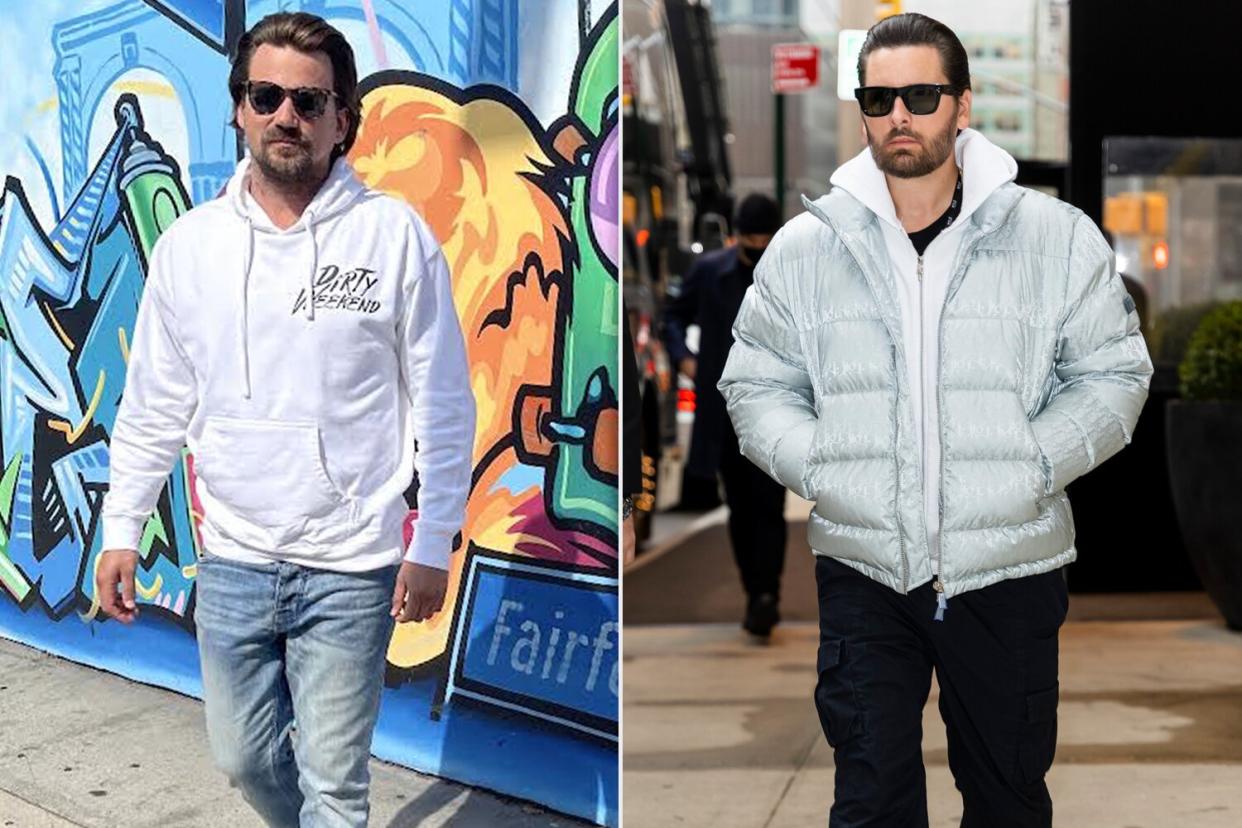 Sean Stewart poses in his Dirty Weekend clothing line.. credit: Sean Stewart publicity; NEW YORK, NEW YORK - DECEMBER 18: Scott Disick is seen in Tribeca on December 18, 2021 in New York City. (Photo by Gotham/GC Images)