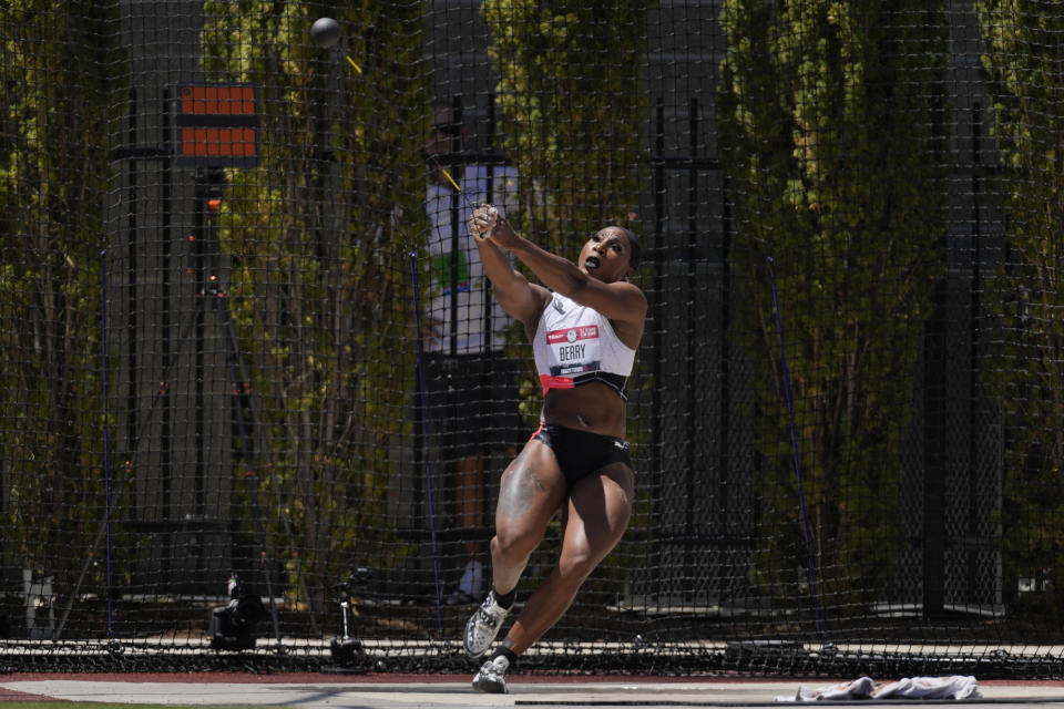 Gwendolyn Berry competes in the prelims of the women's hammer throw at the U.S. Olympic Track and Field Trials Thursday, June 24, 2021, in Eugene, Ore.(AP Photo/Ashley Landis)