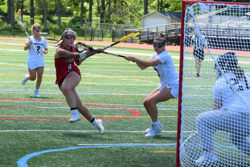 Lenape senior Gianna Monaco follows through on a shot against Morristown junior goalie Olivia Licardi at the 2022 NJSIAA Group 4 girls lacrosse championship at Warren Hills High School