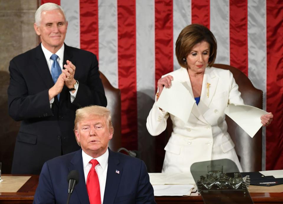 <div class="inline-image__caption"><p>Speaker of the US House of Representatives Nancy Pelosi appeared to rip a copy of U.S. President Donald Trumps speech after he delivered the State of the Union address at the U.S. Capitol in Washington, DC, on February 4, 2020.</p></div> <div class="inline-image__credit">Mandel Ngan/Getty</div>