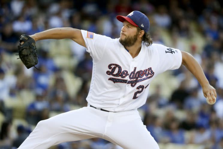 Los Angeles Dodgers starting pitcher Clayton Kershaw throws against the Arizona Diamondbacks during the first inning of a baseball game in Los Angeles, Tuesday, July 4, 2017. (AP Photo/Chris Carlson)