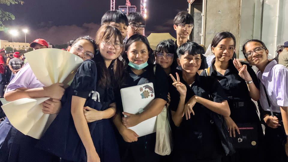 Netiporn Sanesangkhom, center, with members of the "Bad Student" group during an anti-government protest in Bangkok on September 19, 2020. - Panu Wongcha-Um/Reuters/File