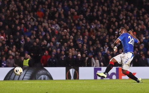 Alfredo Morelos of Rangers FC scores his team's first goal during the UEFA Europa League group G match between Rangers FC and BSC Young Boys - Credit: Getty images