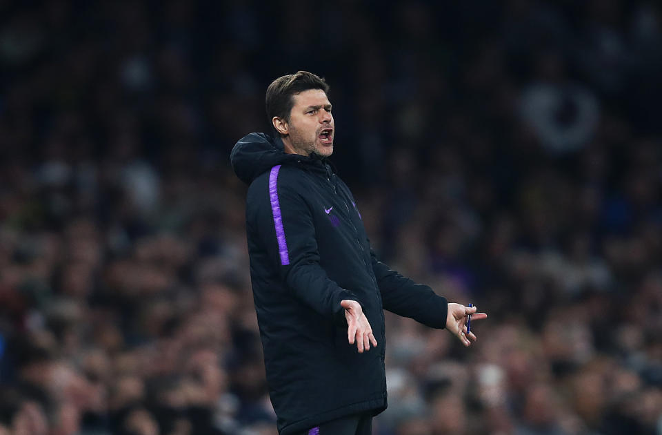 Mauricio Pochettino, Manager of Tottenham Hotspur reacts during the Premier League match between Tottenham Hotspur and Brighton & Hove Albion.
