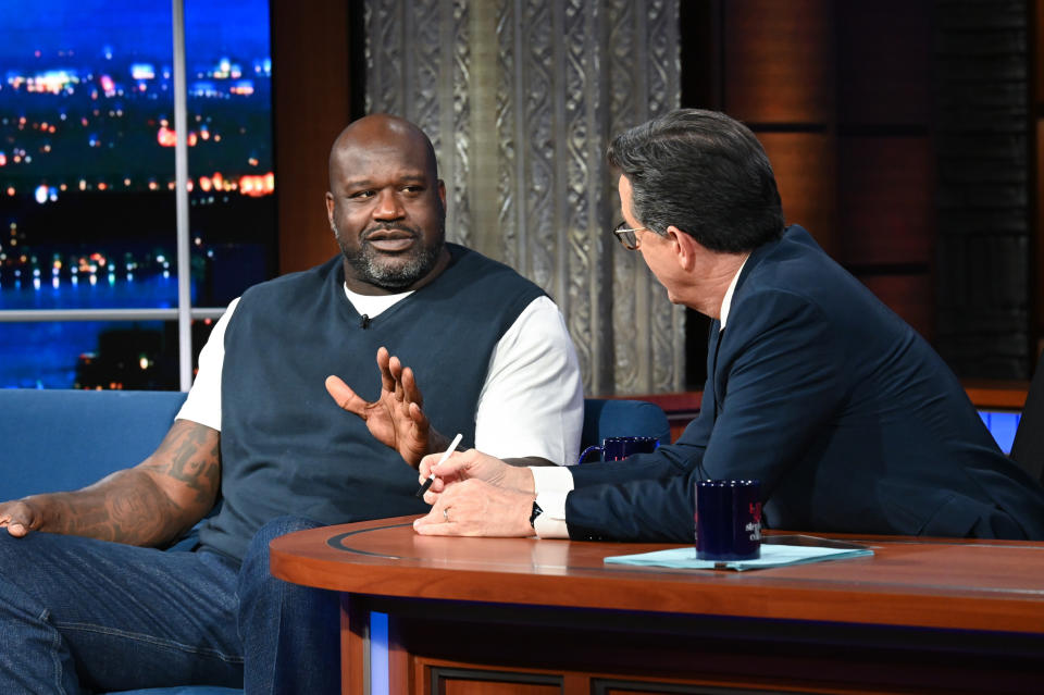 NEW YORK - APRIL 4: The Late Show with Stephen Colbert and guest Shaquille ONeal during Monday's April 4, 2022 show. (Photo by Scott Kowalchyk/CBS via Getty Images)