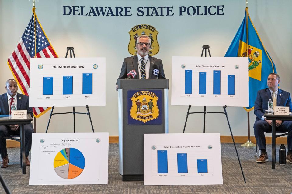 John Evans, Director of Division of Forensic Science speaks during a Delaware Drug Overdose Community Briefing and Response Meeting held at Delaware State Police Troop 2 in Newark, Del., Wed., Jan. 18, 2023. 