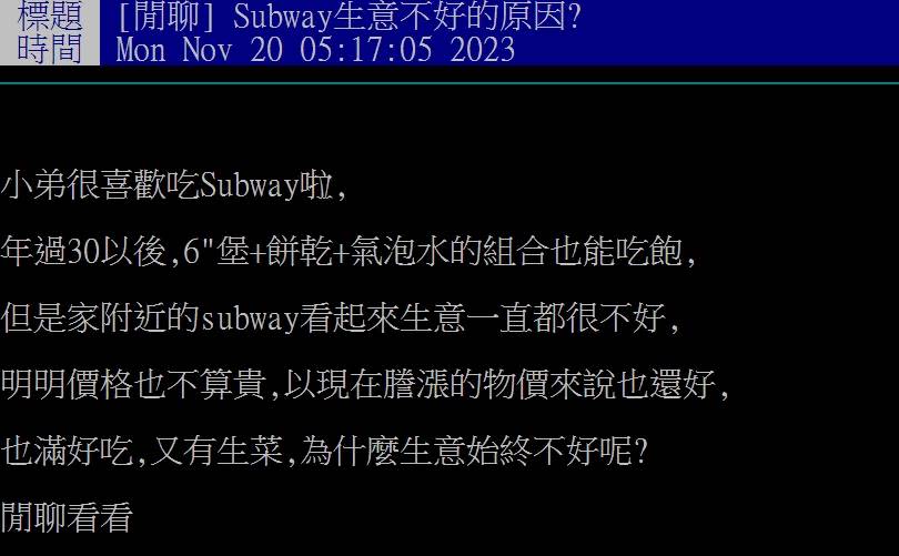 網友發文討論「SUBWAY生意不好的原因」