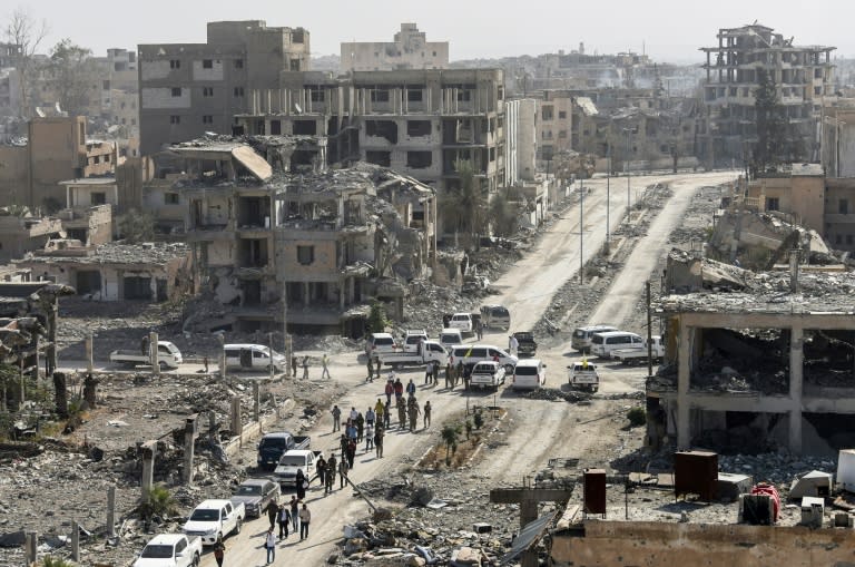 Heavily damaged buildings in Raqa, Syria, after a Kurdish-led force expelled Islamic State (IS) group fighters from their de facto capital