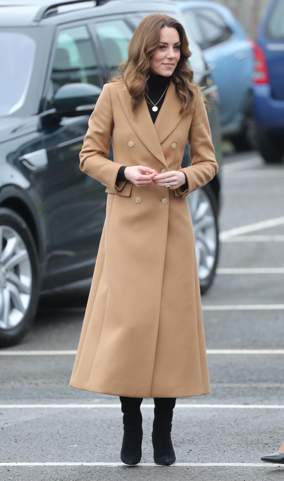 Catherine, Duchess of Cambridge arrives at Ely and Careau Childrens Centre on January 22, 2020 in Cardiff, Wales. The visit is part of HRH's 24-hour tour of the country to launch '5 big questions on the under 5s'.