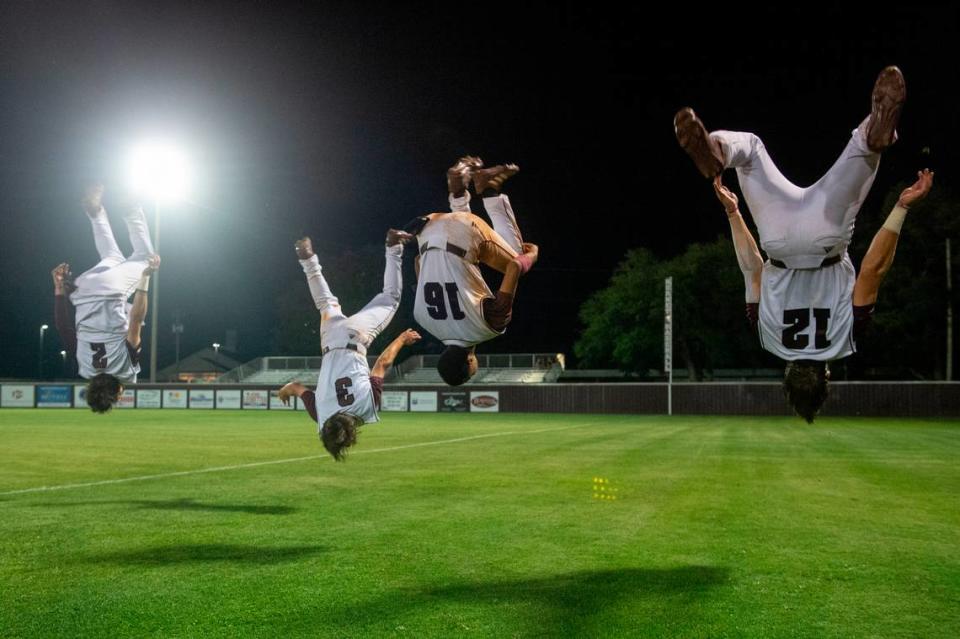 Members of the East Central baseball team do backflips after beating West Jones in the 5A South State championship game at East Central High School in Hurley on Tuesday, May 23, 2023.