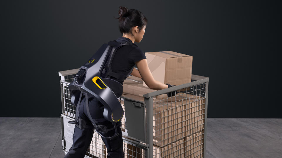 German Bionic Apogee and/or SafetyVest. The brace one has a woman wearing it while picking a large box out of a wire bin, the vest one is just a guy wearing it and looking directly into camera and there are a bunch more of the cgi line graphs and bar charts and stuff. I don't get this aesthetic at all. The equipment's cool though.