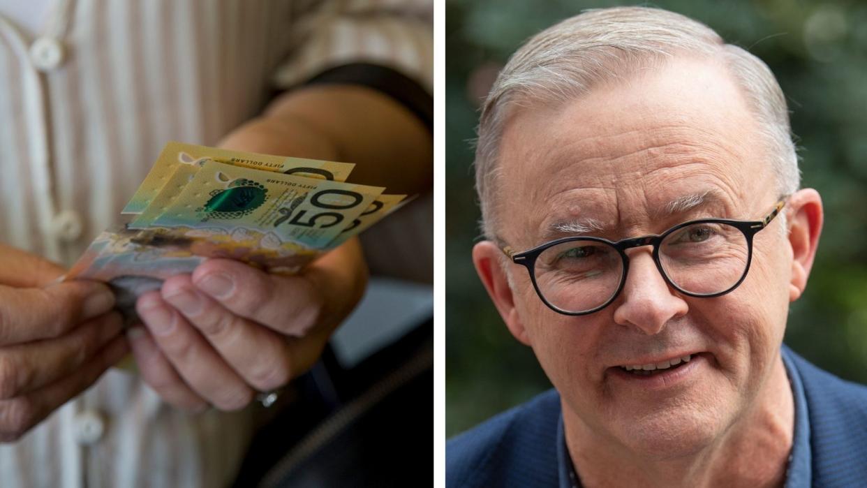 Woman holding money and PM Anthony Albanese 